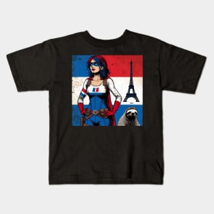 Francais: Female Gritty 80's Comic Book Hero with Sloth Kids T-Shirt